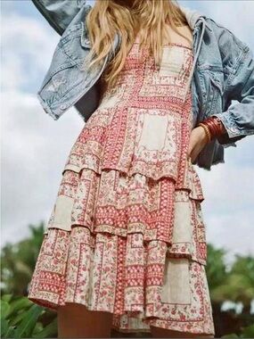 American Eagle Outfitters Pink and Cream Patchwork Tiered Mini Dress